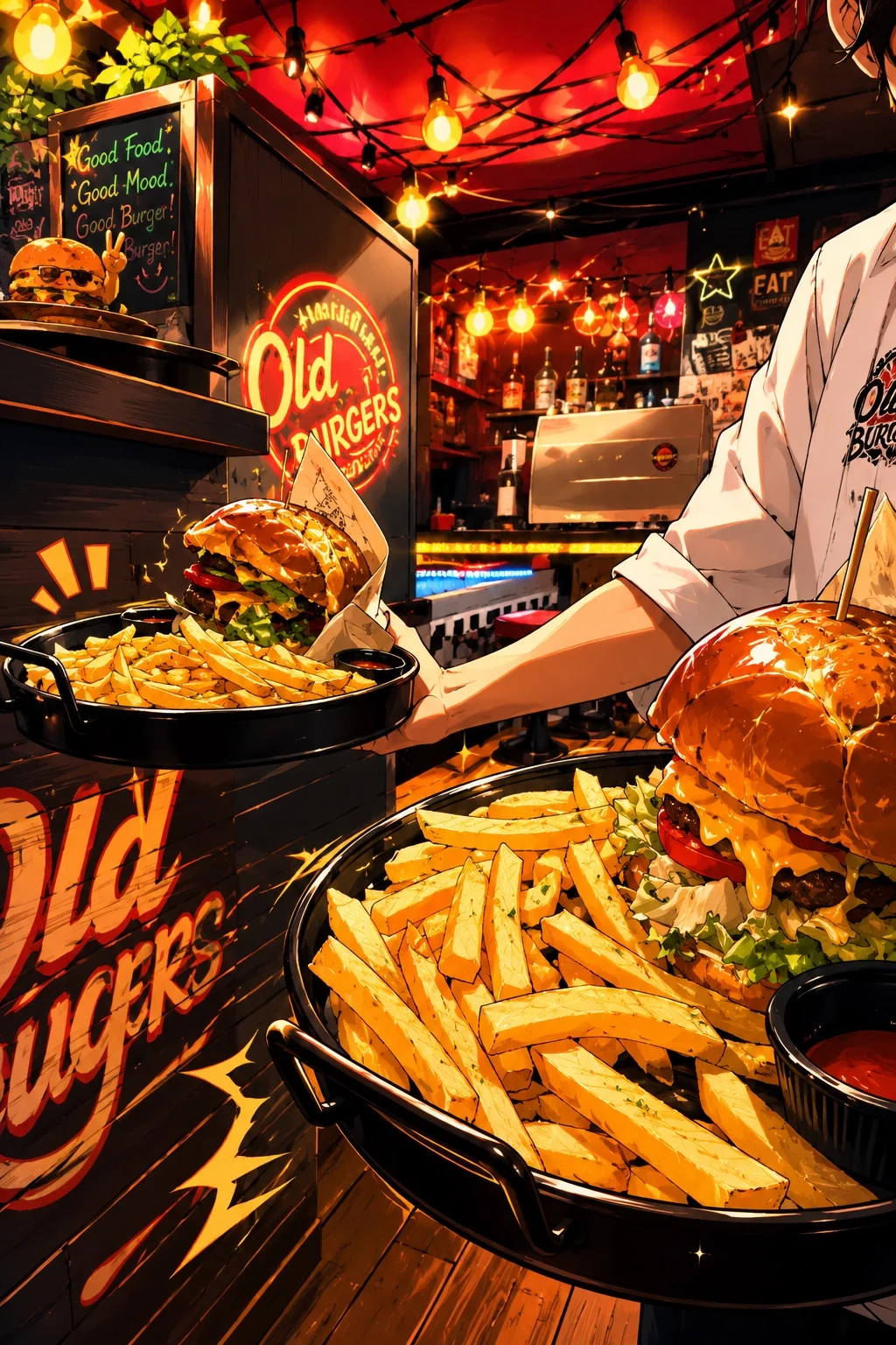 Burger ve patates sunumunu gösteren Old School illüstrasyonu
