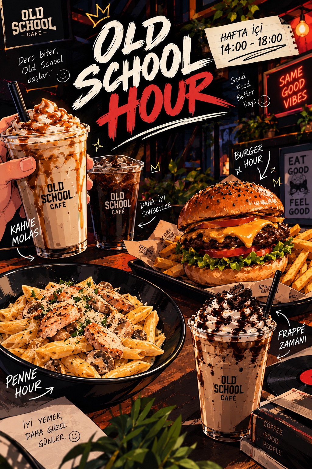 Old School Hour; kahve, burger ve penne illüstrasyonu